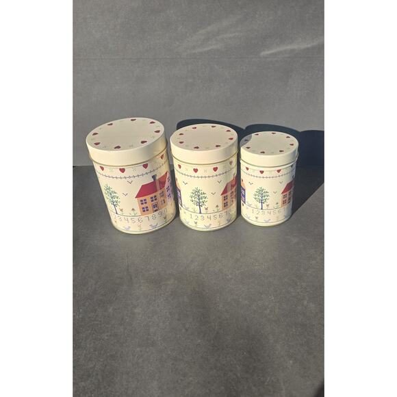 Country Farmhouse House Heart Tin Canister Set 3 Round Kitchen Storage Decor - Picture 5 of 7